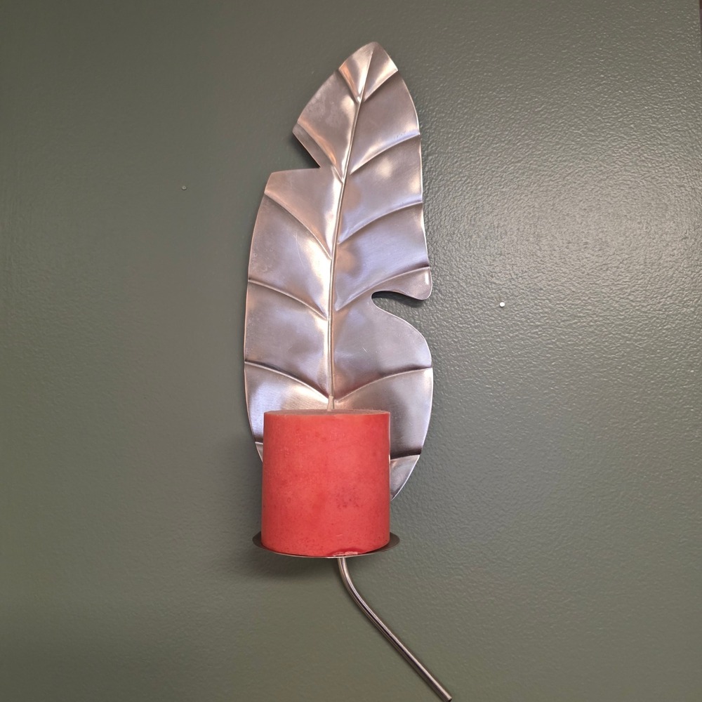 Metal Banana Leaf Pillar Candle Wall Sconce Silver Tropical Modern Decor